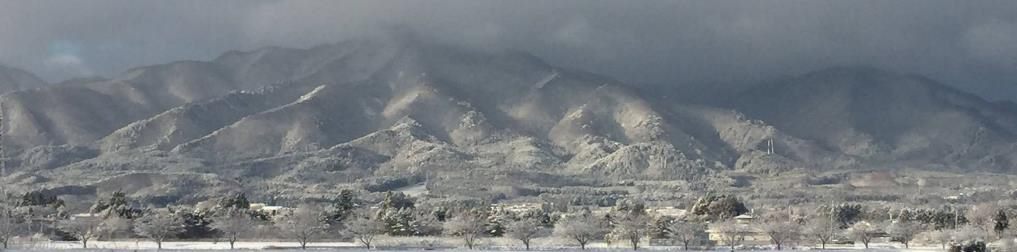 雪化粧した志波山塊の遠景。ふもとに三角形の斜面がいくつも並んで見える
