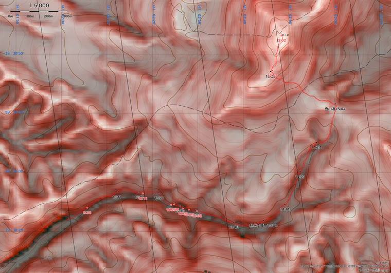 赤色立体地図に重ねた箱ヶ森までのルート図