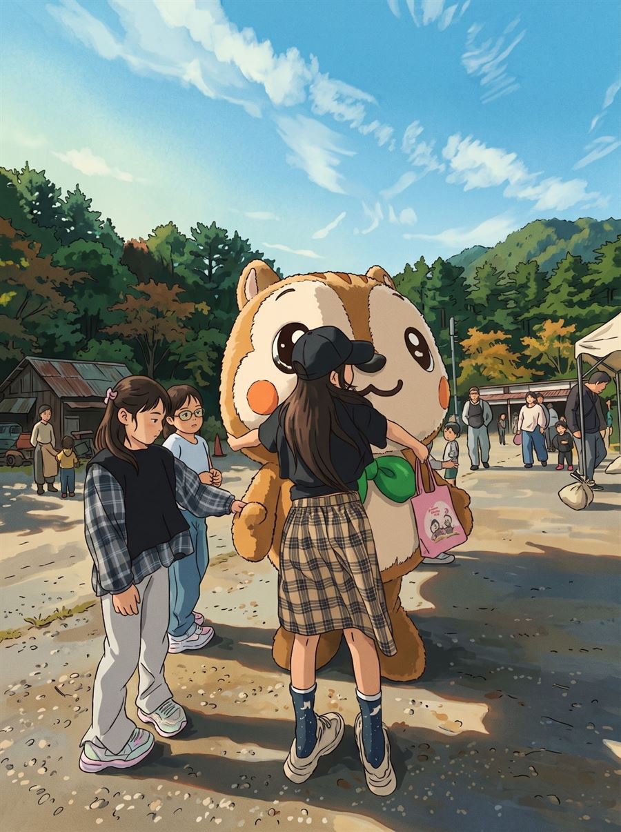 秋空の下、広場でつどりんと子どもたちが触れ合う感謝祭の様子を描いたイラスト